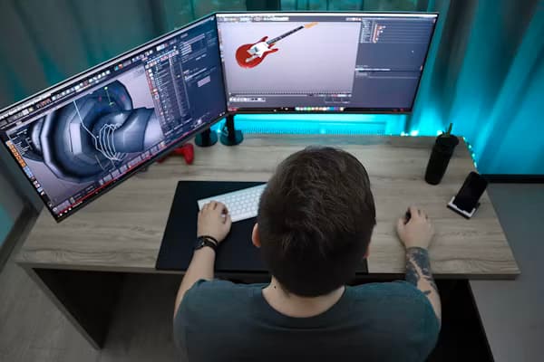 3D artist modelling a product on dual monitors