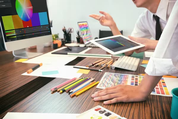 Designer reviewing color palettes and style frames