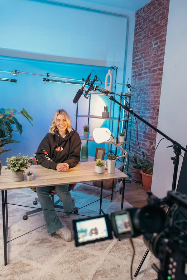 Presenter recording an explainer video in a studio setup