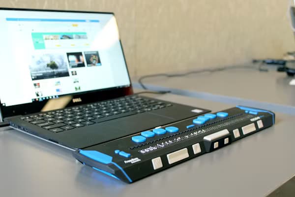 Braille display connected to a laptop for accessible reading