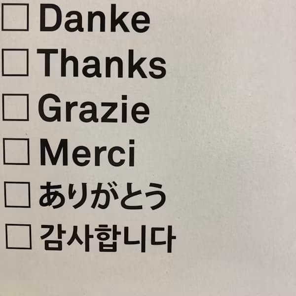 Checklist of translated thank-you phrases in multiple languages